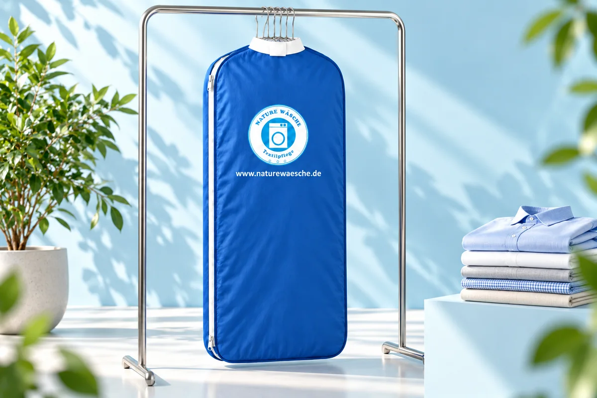 Symbolbild: blaue waschbare Nature-Wäsche-Kleiderhülle und grüne Pflanzen