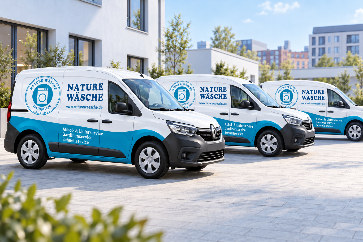 Werbeentwurf: drei Kangoo-Lieferwagen in Weiß und Türkis mit Nature-Wäsche-Logo, www.naturewaesche.de und den Schriftzügen Abhol- und Lieferservice, Gardinenservice und Schnellservice