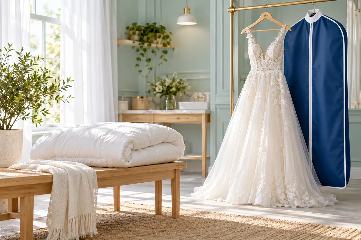 KI-Symbolbild: sorgfältig präsentierte Gardinen, Daunendecke, Brautkleid und Mehrweghülle
